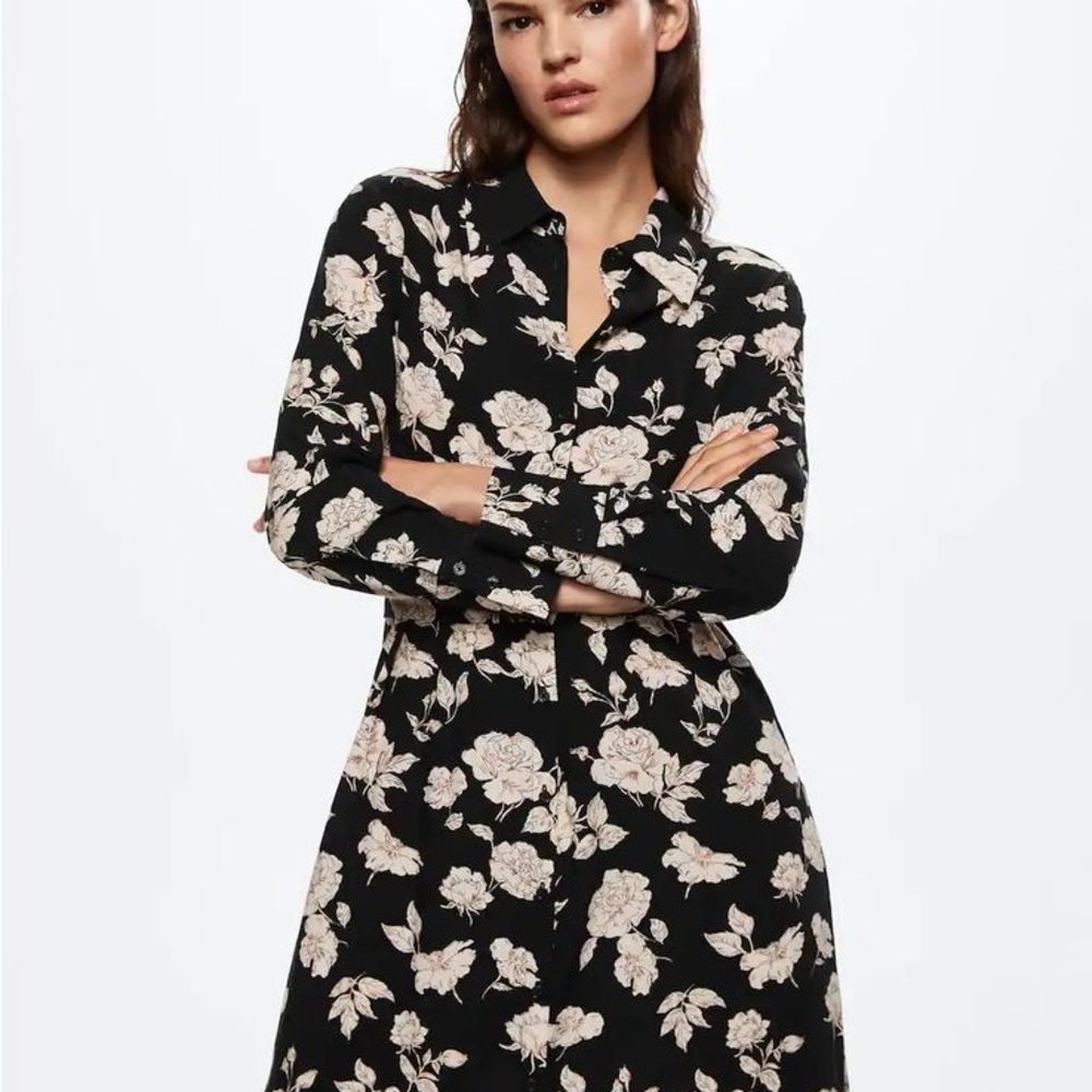 Mango Black Long-Sleeve Floral Shirt Dress with Cream Roses
